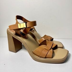 Vintage 90s Y2K xhiliration Square Toe Leather Block Heel Sandals | Size 7.5